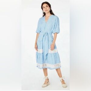 Roller Rabbit Blue and White Gingham Tie Waist Midi Dress Size Small